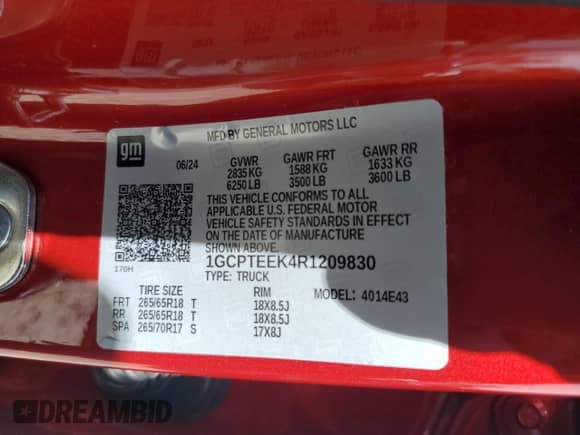 2024 Chevrolet Colorado 4WD Trail Boss с VIN 1GCPTEEK4R1209830, выставлен на аукционе Copart как лот 72059525 с пробегом 8 476 миль миль и Списание • Salvage title. История ставок и продаж доступна на DreamBid. Изображение 12.