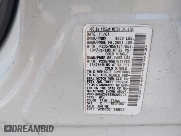 ✅ 2005 Nissan Murano SL • VIN: JN8AZ08T95W308771 • Lot: 42404210. Wystawiony na IAAI z przebiegiem 233 740 mil. Bezpłatny archiwum sprzedaży aukcyjnych z USA i szczegółowy raport historii pojazdu na DreamBid. Zdjęcie 9.