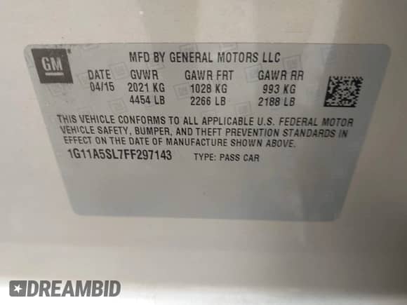 2015 Chevrolet Malibu LS with VIN 1G11A5SL7FF297143, listed as a IAAI auction lot 43285722 with 135,194 mi miles and . Bid and sale history available at DreamBid. Image 9.