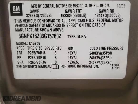 2003 Chevrolet Suburban Z71 с VIN 3GNFK16Z03G157602, выставлен на аукционе Copart как лот 82706314 с пробегом Не указан миль и Чистый • Clean title. История ставок и продаж доступна на DreamBid. Изображение 13.