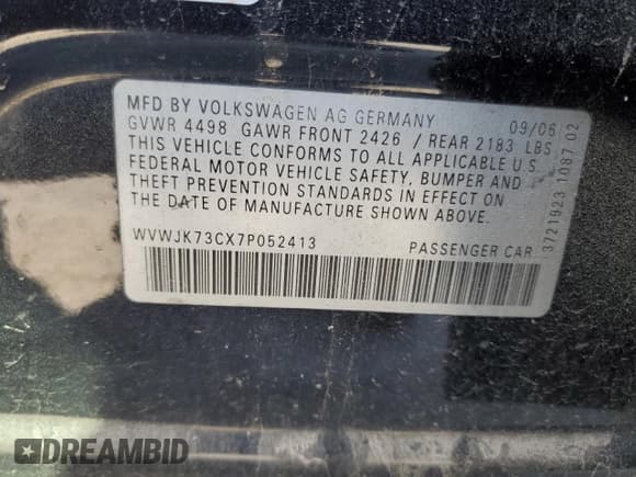 ✅ 2007 Volkswagen Passat • VIN: WVWJK73CX7P052413 • Лот: 65759965. Опубликован ранее на Copart с пробегом 169 495 миль. Бесплатный доступ к архиву аукционных продаж из США и подробный отчёт об истории автомобиля на DreamBid. Изображение 12.