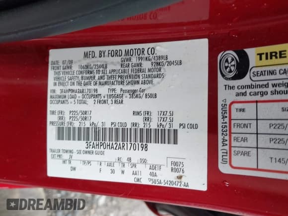 ✅ 2010 Ford Fusion SE • VIN: 3FAHP0HA2AR170198 • Lot: 42338208. Listed on IAAI with 173,376 mi. Free auction sales archive from the USA and detailed vehicle history report at DreamBid. Image 9.