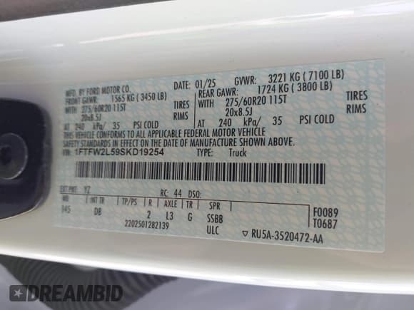 ✅ 2025 Ford F-150 STX • VIN: 1FTFW2L59SKD19254 • Lot: 43260483. Listed on IAAI with 1,014 mi. Free auction sales archive from the USA and detailed vehicle history report at DreamBid. Image 9.