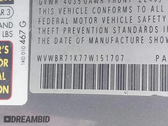 ✅ 2007 Volkswagen Rabbit • VIN: WVWBR71K77W151707 • Lot: 43132820. Listed on IAAI with 186,146 mi. Free auction sales archive from the USA and detailed vehicle history report at DreamBid. Image 9.