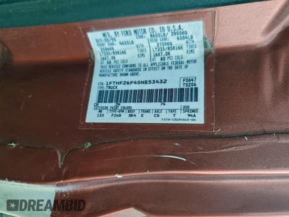 ✅ 1995 Ford F-250 • VIN: 1FTHF26F4SNB53432 • Lot: 94178995. Listed on Copart with 171,300 mi. Free auction sales archive from the USA and detailed vehicle history report at DreamBid. Image 12.