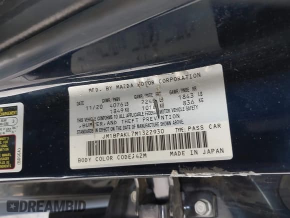 ✅ 2021 Mazda 3 Select • VIN: JM1BPAKL7M1322930 • Lot: 41900666. Listed on IAAI with 74,480 mi. Free auction sales archive from the USA and detailed vehicle history report at DreamBid. Image 9.