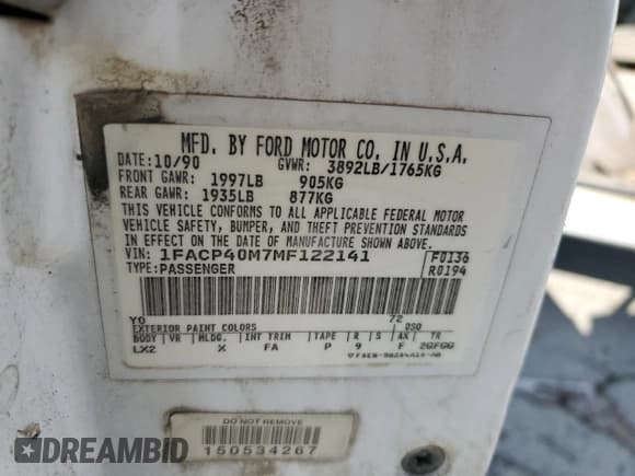 ✅ 1991 Ford Mustang LX • VIN: 1FACP40M7MF122141 • Лот: 54607905. Опубликован ранее на Copart с пробегом 92 947 миль. Бесплатный доступ к архиву аукционных продаж из США и подробный отчёт об истории автомобиля на DreamBid. Изображение 12.