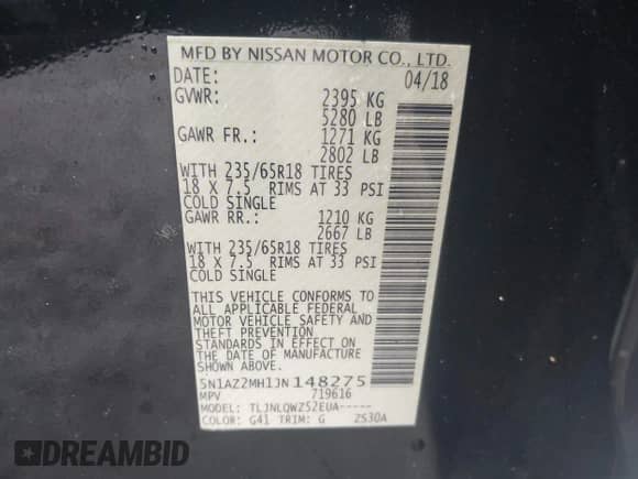 2018 Nissan Murano SV with VIN 5N1AZ2MH1JN148275, listed as a IAAI auction lot 43290713 with 175,079 mi miles and . Bid and sale history available at DreamBid. Image 9.