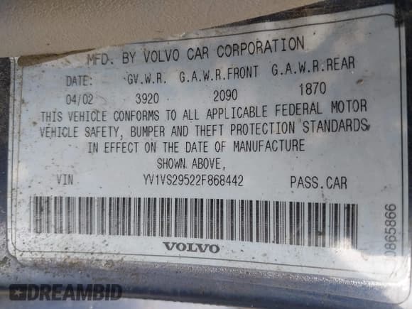 ✅ 2002 Volvo S40 • VIN: YV1VS29522F868442 • Лот: 42180096. Опубликован ранее на IAAI с пробегом 133 530 миль. Бесплатный доступ к архиву аукционных продаж из США и подробный отчёт об истории автомобиля на DreamBid. Изображение 9.