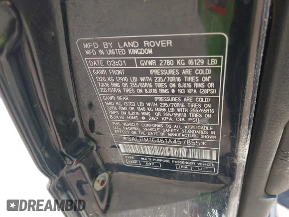 ✅ 2001 Land Rover Range Rover • VIN: SALPM16461A457855 • Лот: 42195837. Опубликован ранее на IAAI с пробегом 87 495 миль. Бесплатный доступ к архиву аукционных продаж из США и подробный отчёт об истории автомобиля на DreamBid. Изображение 9.