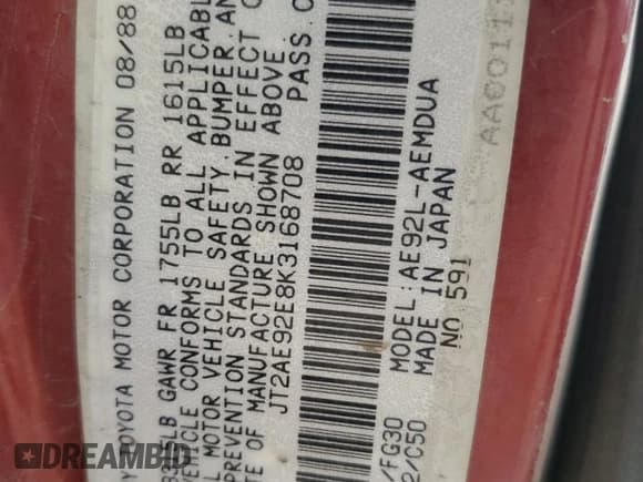 ✅ 1989 Toyota Corolla • VIN: JT2AE92E8K3168708 • Lot: 61184355. Listed on Copart with 259,236 mi. Free auction sales archive from the USA and detailed vehicle history report at DreamBid. Image 12.