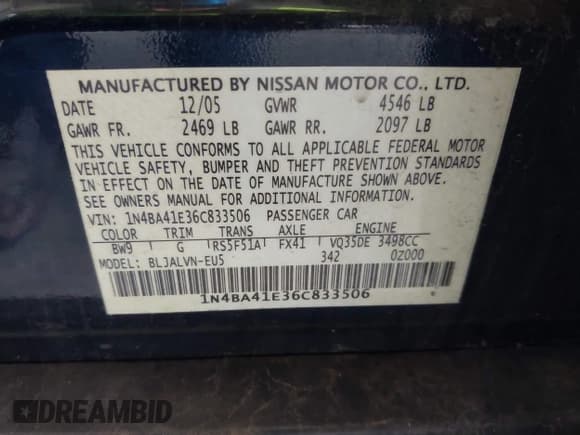 ✅ 2006 Nissan Maxima SL • VIN: 1N4BA41E36C833506 • Lot: 42397752. Listed on IAAI with 130,476 mi. Free auction sales archive from the USA and detailed vehicle history report at DreamBid. Image 9.