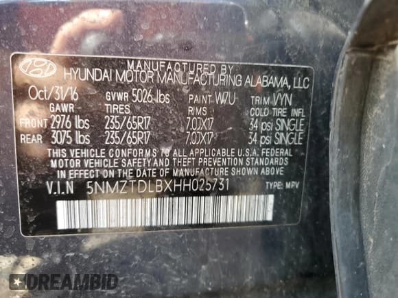 ✅ 2017 Hyundai Santa Fe 2.4L • VIN: 5NMZTDLBXHH025731 • Лот: 45072074. Опубликован ранее на Copart с пробегом 94 995 миль. Бесплатный доступ к архиву аукционных продаж из США и подробный отчёт об истории автомобиля на DreamBid. Изображение 14.