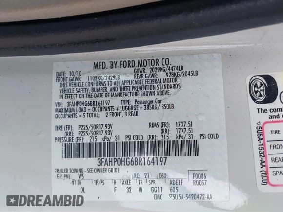 ✅ 2011 Ford Fusion SE • VIN: 3FAHP0HG6BR164197 • Lot: 42337461. Wystawiony na IAAI z przebiegiem 168 508 mil. Bezpłatny archiwum sprzedaży aukcyjnych z USA i szczegółowy raport historii pojazdu na DreamBid. Zdjęcie 9.