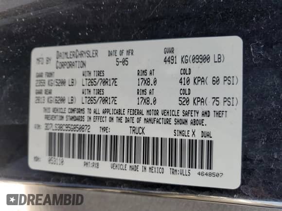 2005 Dodge 3500 SLT z VIN 3D7LS38C95G850872, wystawiony jako Copart lot #88531355 z przebiegiem 119 439 mil mil oraz Szkoda całkowita • Salvage title. Historia ofert i sprzedaży dostępna na DreamBid. Obrazek 12.