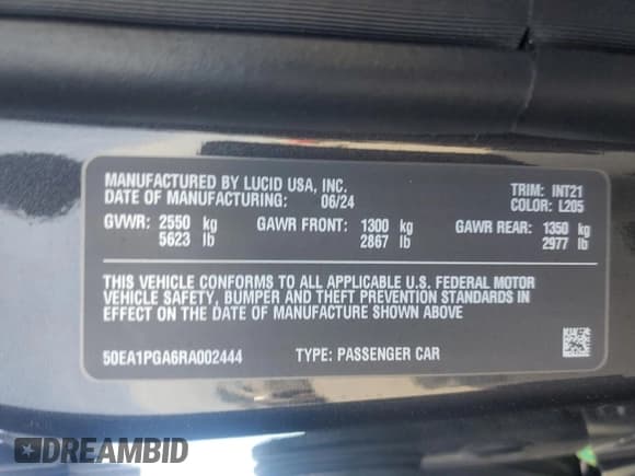 ✅ 2024 Lucid Air Pure • VIN: 50EA1PGA6RA002444 • Lot: 42819025. Listed on Copart with 2,705 mi. Free auction sales archive from the USA and detailed vehicle history report at DreamBid. Image 15.