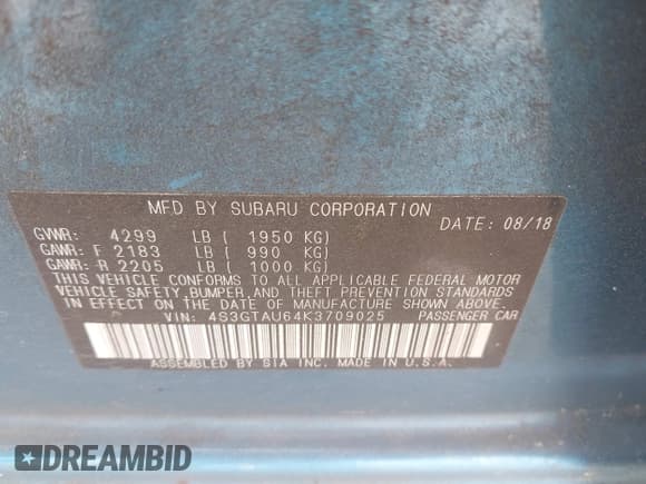 ✅ 2019 Subaru Impreza Limited • VIN: 4S3GTAU64K3709025 • Lot: 42295152. Listed on IAAI with 33,185 mi. Free auction sales archive from the USA and detailed vehicle history report at DreamBid. Image 9.