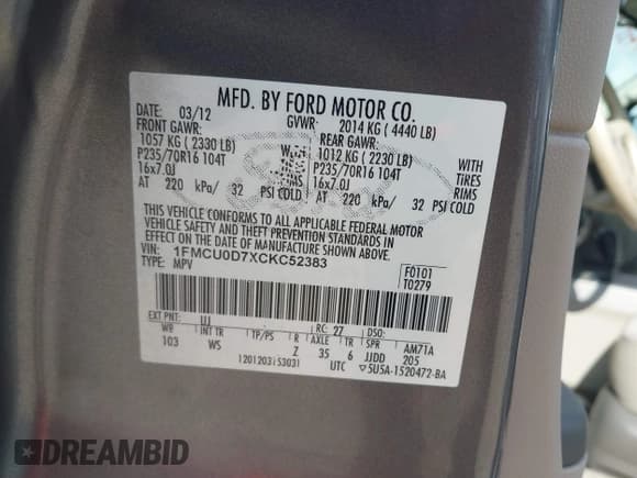 ✅ 2012 Ford Escape XLT • VIN: 1FMCU0D7XCKC52383 • Лот: 43743375. Опубликован ранее на IAAI с пробегом 156 936 миль. Бесплатный доступ к архиву аукционных продаж из США и подробный отчёт об истории автомобиля на DreamBid. Изображение 9.