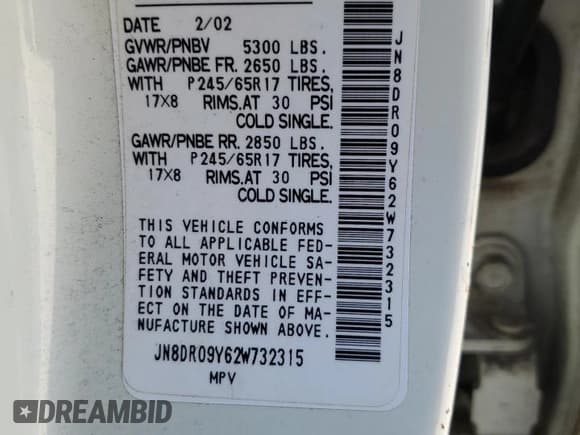 ✅ 2002 Nissan Pathfinder LE • VIN: JN8DR09Y62W732315 • Lot: 65441475. Wystawiony na Copart z przebiegiem 198 015 mil. Bezpłatny archiwum sprzedaży aukcyjnych z USA i szczegółowy raport historii pojazdu na DreamBid. Zdjęcie 13.