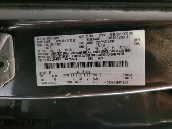 ✅ 2018 Ford Escape S • VIN: 1FMCU0F7XJUB25504 • Lot: 82400425. Listed on Copart with 133,945 mi. Free auction sales archive from the USA and detailed vehicle history report at DreamBid. Image 14.