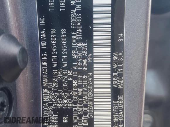 ✅ 2019 Toyota Highlander LE • VIN: 5TDZARFH2KS052414 • Lot: 85097725. Wystawiony na Copart z przebiegiem 104 779 mil. Bezpłatny archiwum sprzedaży aukcyjnych z USA i szczegółowy raport historii pojazdu na DreamBid. Zdjęcie 13.