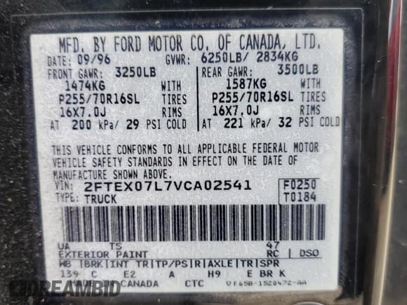 ✅ 1997 Ford F-150 • VIN: 2FTEX07L7VCA02541 • Лот: 69803155. Опубликован ранее на Copart с пробегом 267 202 миль. Бесплатный доступ к архиву аукционных продаж из США и подробный отчёт об истории автомобиля на DreamBid. Изображение 13.