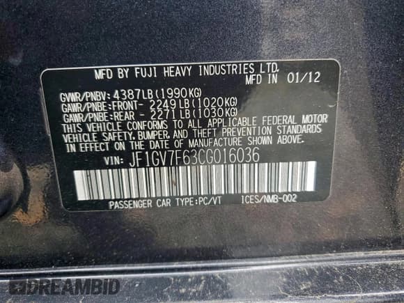 ✅ 2012 Subaru WRX WRX Premium • VIN: JF1GV7F63CG016036 • Lot: 94012225. Listed on Copart with 83,421 mi. Free auction sales archive from the USA and detailed vehicle history report at DreamBid. Image 12.