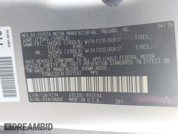 ✅ 2020 Toyota Sienna LE • VIN: 5TDKZ3DCXLS021542 • Lot: 43424830. Wystawiony na IAAI z przebiegiem 70 000 mil. Bezpłatny archiwum sprzedaży aukcyjnych z USA i szczegółowy raport historii pojazdu na DreamBid. Zdjęcie 9.