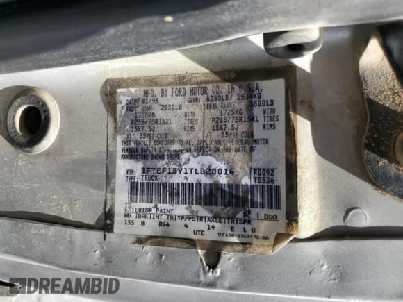 ✅ 1996 Ford F-150 • VIN: 1FTEF15Y1TLB20014 • Лот: 62200885. Опубликован ранее на Copart с пробегом Не указан. Бесплатный доступ к архиву аукционных продаж из США и подробный отчёт об истории автомобиля на DreamBid. Изображение 12.