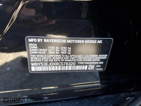 ✅ 2024 BMW i7 xDrive60 • VIN: WBY53EJ0XRCS76320 • Lot: 74837954. Wystawiony na Copart z przebiegiem 1 557 mil. Bezpłatny archiwum sprzedaży aukcyjnych z USA i szczegółowy raport historii pojazdu na DreamBid. Zdjęcie 13.