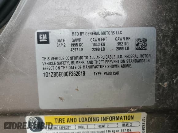 ✅ 2012 Chevrolet Malibu 1LS • VIN: 1G1ZB5E00CF262618 • Lot: 78260944. Wystawiony na Copart z przebiegiem Nie podano. Bezpłatny archiwum sprzedaży aukcyjnych z USA i szczegółowy raport historii pojazdu na DreamBid. Zdjęcie 13.