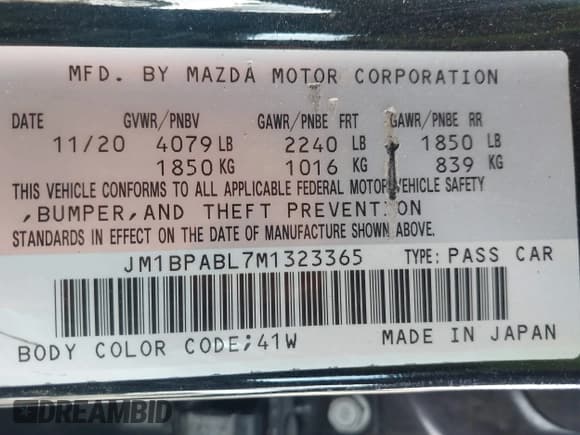 ✅ 2021 Mazda 3 Select • VIN: JM1BPABL7M1323365 • Лот: 41879962. Опубликован ранее на IAAI с пробегом 65 651 миль. Бесплатный доступ к архиву аукционных продаж из США и подробный отчёт об истории автомобиля на DreamBid. Изображение 9.