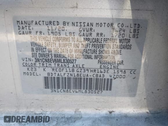 ✅ 2021 Nissan Versa SV • VIN: 3N1CN8EV6ML830527 • Лот: 43697190. Опубликован ранее на IAAI с пробегом 89 884 миль. Бесплатный доступ к архиву аукционных продаж из США и подробный отчёт об истории автомобиля на DreamBid. Изображение 9.