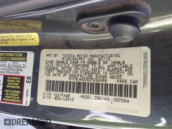 ✅ 2013 Toyota Corolla L • VIN: 5YFBU4EE9DP222489 • Lot: 43044003. Listed on IAAI with 237,489 mi. Free auction sales archive from the USA and detailed vehicle history report at DreamBid. Image 9.