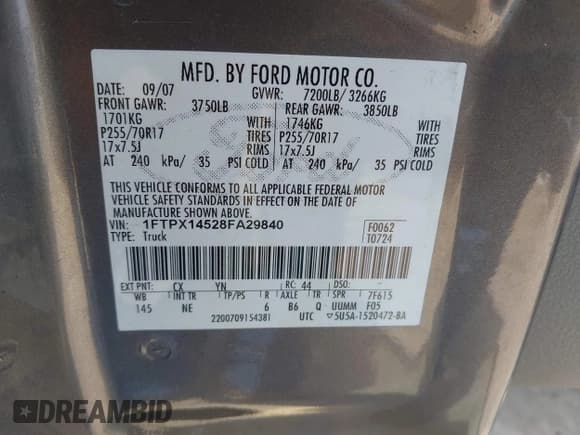 ✅ 2008 Ford F-150 XLT • VIN: 1FTPX14528FA29840 • Лот: 42460070. Опубликован ранее на IAAI с пробегом 91 675 миль. Бесплатный доступ к архиву аукционных продаж из США и подробный отчёт об истории автомобиля на DreamBid. Изображение 9.