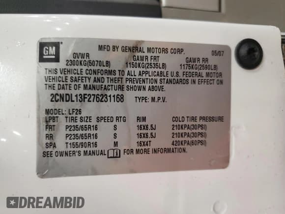 ✅ 2007 Chevrolet Equinox LS • VIN: 2CNDL13F276231168 • Лот: 54456195. Опубликован ранее на Copart с пробегом 152 091 миль. Бесплатный доступ к архиву аукционных продаж из США и подробный отчёт об истории автомобиля на DreamBid. Изображение 14.