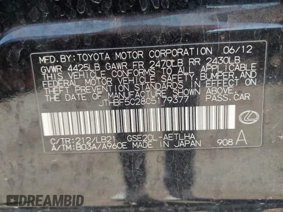 ✅ 2012 Lexus IS 250 • VIN: JTHBF5C28C5179377 • Lot: 42625394. Listed on IAAI with 105,752 mi. Free auction sales archive from the USA and detailed vehicle history report at DreamBid. Image 9.