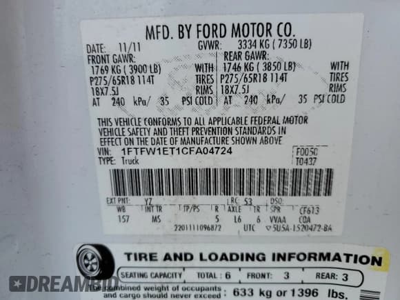 ✅ 2012 Ford F-150 XL • VIN: 1FTFW1ET1CFA04724 • Lot: 59537635. Listed on Copart with 185,241 mi. Free auction sales archive from the USA and detailed vehicle history report at DreamBid. Image 12.