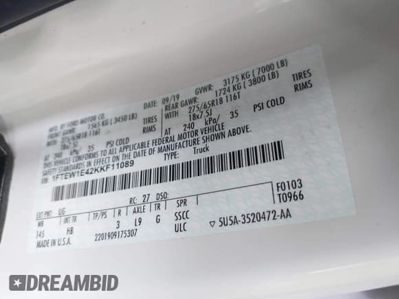 ✅ 2019 Ford F-150 XL • VIN: 1FTEW1E42KKF11089 • Lot: 42337167. Wystawiony na IAAI z przebiegiem 53 182 mil. Bezpłatny archiwum sprzedaży aukcyjnych z USA i szczegółowy raport historii pojazdu na DreamBid. Zdjęcie 9.