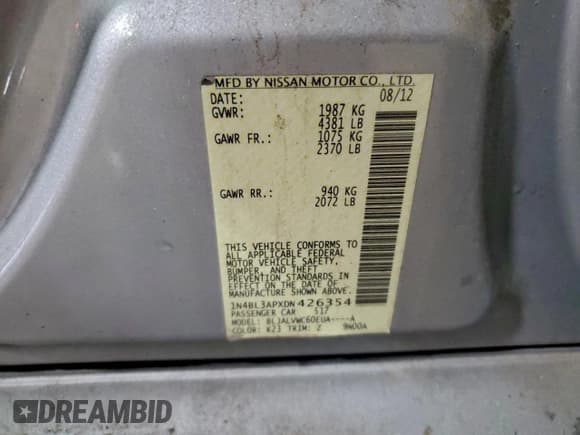 ✅ 2013 Nissan Altima S • VIN: 1N4BL3APXDN426354 • Lot: 95666735. Listed on Copart with 115,194 mi. Free auction sales archive from the USA and detailed vehicle history report at DreamBid. Image 12.