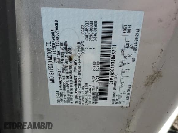 ✅ 2003 Ford Windstar • VIN: 2FMZA50403BB68711 • Lot: 48206475. Listed on Copart with 245,223 mi. Free auction sales archive from the USA and detailed vehicle history report at DreamBid. Image 15.