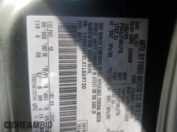 ✅ 2001 Ford Expedition Eddie Bauer • VIN: 1FMFU18LX1LB69120 • Lot: 48406335. Listed on Copart with 205,176 mi. Free auction sales archive from the USA and detailed vehicle history report at DreamBid. Image 12.