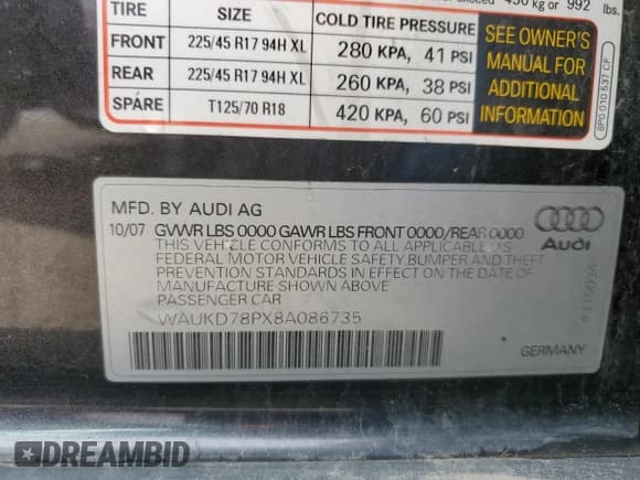 ✅ 2008 Audi A3 S line • VIN: WAUKD78PX8A086735 • Lot: 85099384. Listed on Copart with 67,457 mi. Free auction sales archive from the USA and detailed vehicle history report at DreamBid. Image 12.