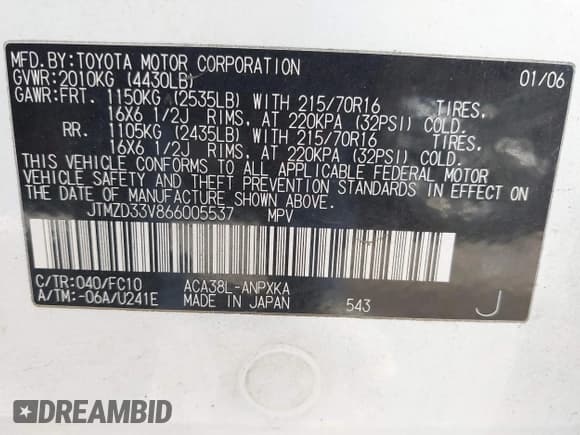 ✅ 2006 Toyota RAV4 • VIN: JTMZD33V866005537 • Lot: 43318698. Listed on IAAI with 235,563 mi. Free auction sales archive from the USA and detailed vehicle history report at DreamBid. Image 9.