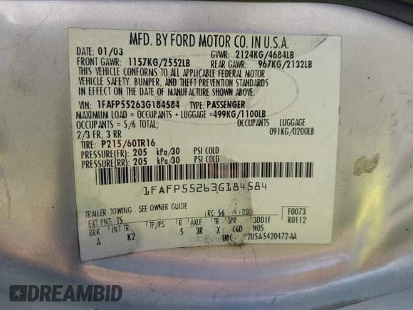 ✅ 2003 Ford Taurus SES Standard • VIN: 1FAFP55263G184584 • Lot: 43409464. Listed on IAAI with 243,247 mi. Free auction sales archive from the USA and detailed vehicle history report at DreamBid. Image 9.