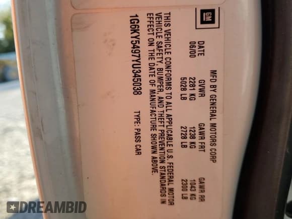 ✅ 2000 Cadillac Seville Touring STS • VIN: 1G6KY5497YU345038 • Lot: 74315354. Wystawiony na Copart z przebiegiem 96 704 mil. Bezpłatny archiwum sprzedaży aukcyjnych z USA i szczegółowy raport historii pojazdu na DreamBid. Zdjęcie 12.