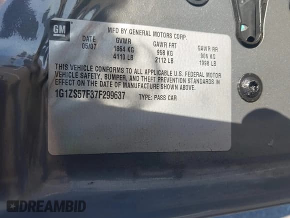 ✅ 2007 Chevrolet Malibu 1FL • VIN: 1G1ZS57F37F299637 • Lot: 43448060. Listed on IAAI with Not provided. Free auction sales archive from the USA and detailed vehicle history report at DreamBid. Image 9.