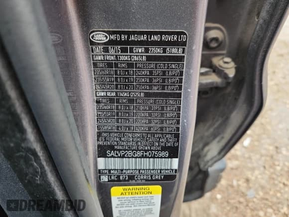 ✅ 2015 Land Rover Range Rover Evoque Pure Plus • VIN: SALVP2BG8FH075989 • Lot: 89892775. Listed on Copart with 104,326 mi. Free auction sales archive from the USA and detailed vehicle history report at DreamBid. Image 13.