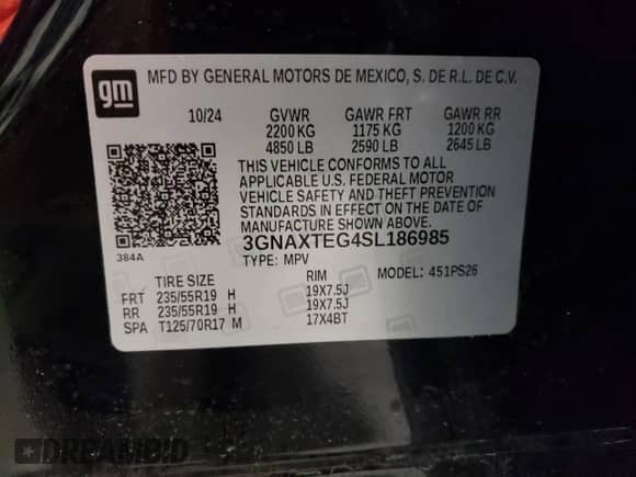 2025 Chevrolet Equinox AWD RS with VIN 3GNAXTEG4SL186985, listed as a Copart auction lot 65392195 with 3,994 mi miles and Salvage title. Bid and sale history available at DreamBid. Image 14.