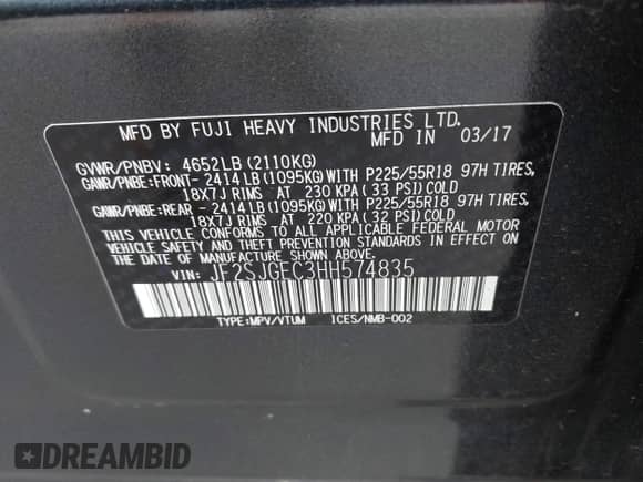 2017 Subaru Forester Premium with VIN JF2SJGEC3HH574835, listed as a IAAI auction lot 42532895 with 95,728 mi miles and . Bid and sale history available at DreamBid. Image 9.